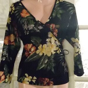 3/$15 Charity tropical faux wrap top